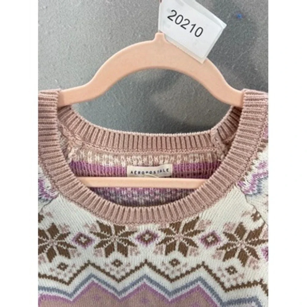 Aeropostale Fair Isle Sweater Womens XL Pink Cropped Snowflake Knit Scoop Neck
